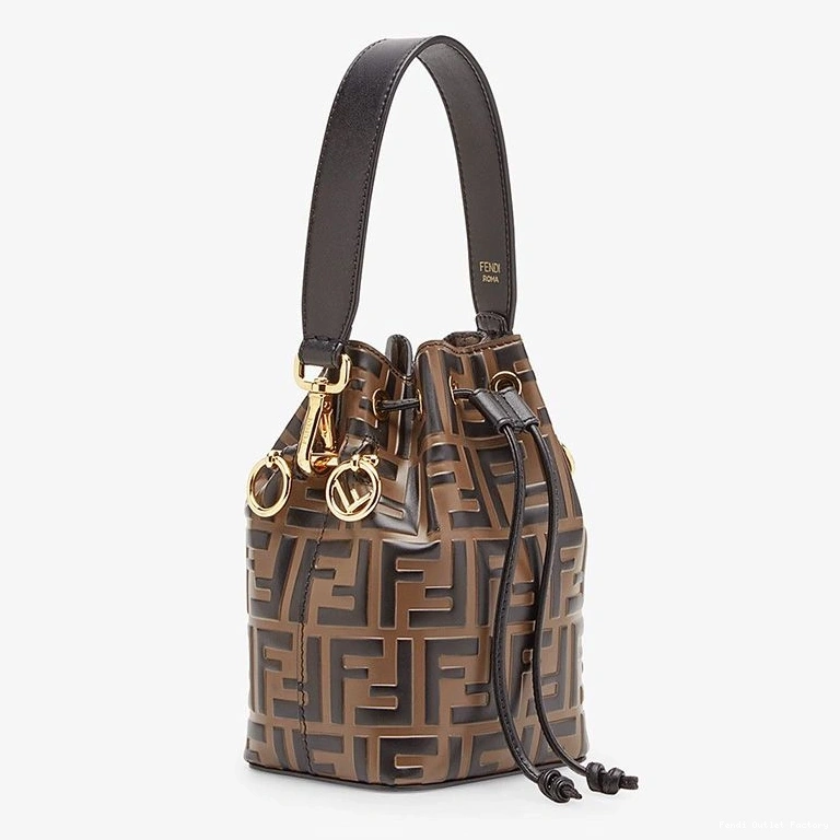 Vintage HOT Mini Motif Leather Bucket Bag Brown Mon In Calf Tresor FF Fendi 0715